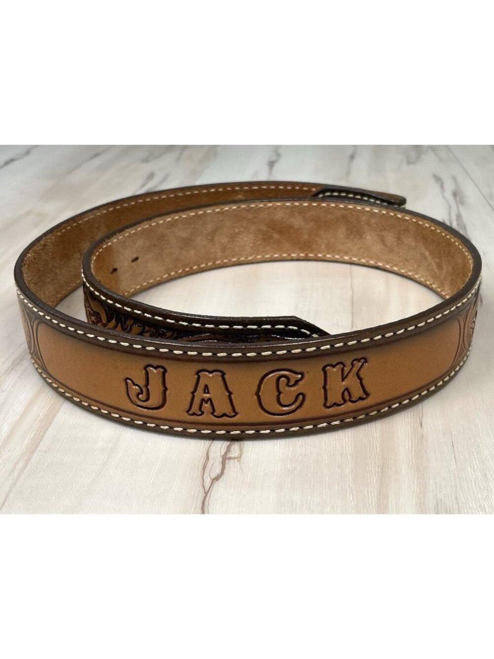 VTG Sz 35 Brown Hand Tooled Leather Western Belt Personalized JACK 1.5" C3 6380